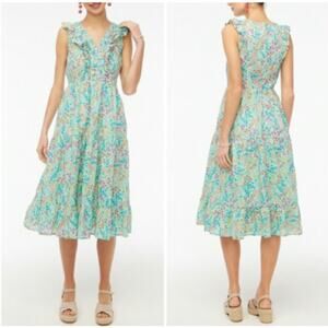 J. Crew Factory V Neck Smocked Tiered Ruffled Midi Dress Green Floral Size 10